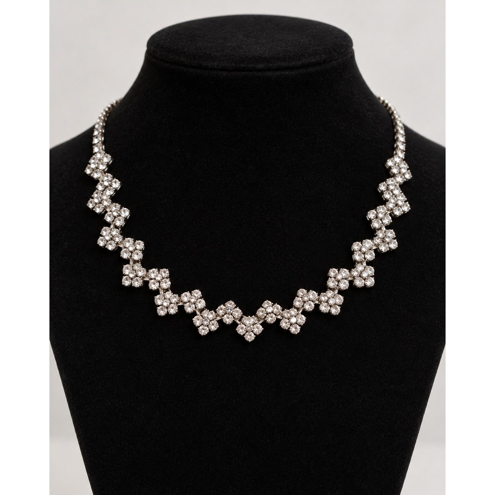 Silver Tone Rhinestone Zigzag Choker Necklace Adjustable Formal Sparkly Jewelry